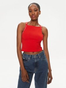 Calvin Klein Jeans Top Logo J20J223110 Czerwony Slim Fit. Czerwone topy Calvin Klein Jeans, xl, bez wzorów, z bawełny, bez kołnierzyka, bez ramiączek. Za 99,99 zł.