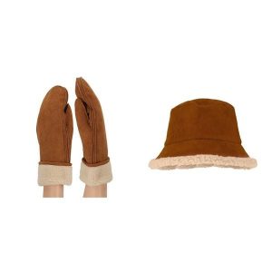 Rękawiczki damskie i kapelusz typu bucket zamsz koniak rozmiar uniwersalny. Brązowe kapelusze SARLINI, bez wzorów, z materiału, eleganckie. Za 197,80 zł.