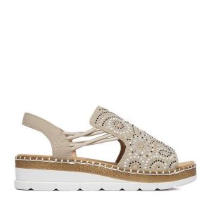 Sandały Rieker. Brązowe sandały Rieker, bez wzorów, bez obcasa, na koturnie, bez zapięcia. Za 329,99 zł.