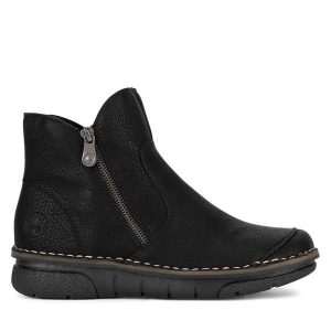 Botki Rieker. Niebieskie botki Rieker, bez wzorów, bez obcasa, na koturnie, bez zapięcia. Za 329,99 zł.