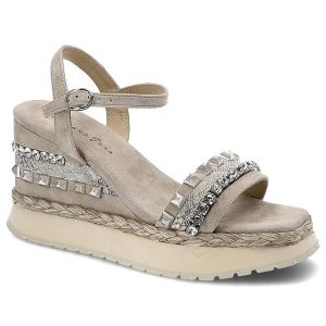 Szare Sandały Alma En Pena Eleganckie Skórzane Buty. Szare sandały Alma en Pena, z aplikacjami, bez obcasa, na koturnie, bez zapięcia. Za 419,00 zł.