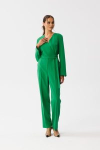 Zielony Kombinezon z Wiązaniem w Talii. Zielone kombinezony MOE, l, bez wzorów, z elastanu, eleganckie, bez kołnierzyka, bez ramiączek. Za 379,90 zł.