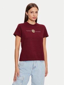 Tommy Jeans T-Shirt Crest Linear DW0DW18795 Bordowy Regular Fit. Czerwone t-shirty Tommy Jeans, xs, bez wzorów, z bawełny, bez kołnierzyka, bez ramiączek. Za 99,99 zł.