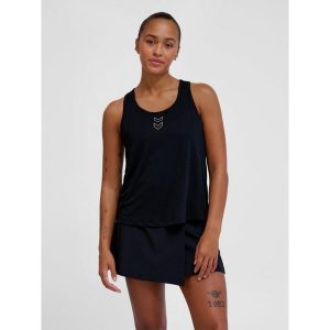 Lekki top damski Hummel Court. Czarne topy Hummel, bez wzorów, sportowe, bez kołnierzyka, bez ramiączek. Za 133,50 zł.