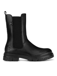Rieker Botki Z9180-01 Czarny. Czarne botki Rieker, bez wzorów, ze skóry, bez obcasa, na płaskiej podeszwie, bez zapięcia. Za 359,00 zł.
