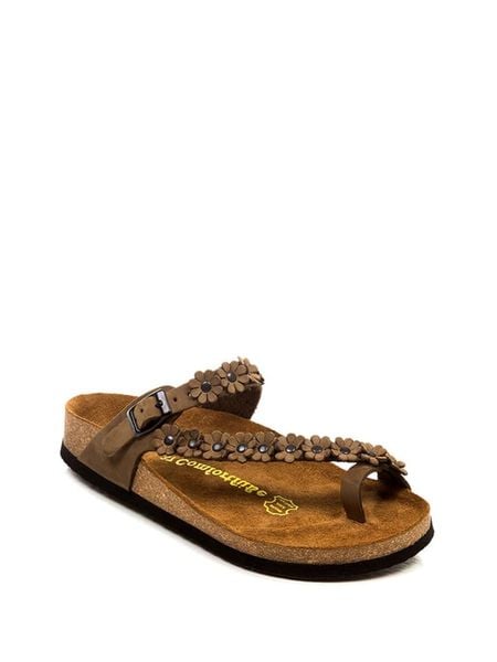 Comfortfusse Skórzane japonki w kolorze jasnobrązowym rozmiar: 41. Brązowe klapki Comfortfüße, bez wzorów, z otwartym noskiem, bez obcasa. Za 170,07 zł.