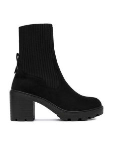 DeeZee Botki HX22060-52 Czarny. Czarne botki DeeZee, bez wzorów, z materiału, bez obcasa, na słupku, bez zapięcia. Za 199,99 zł.