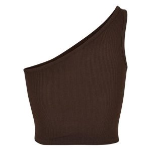 Damski asymetryczny crop top Urban Classics. Brązowe topy Urban Classics, bez wzorów, z asymetrycznym kołnierzem, bez ramiączek. Za 90,00 zł.