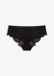 Figi hipster z wysokogatunkowej koronki. Czarne figi bonprix, bez wzorów, z koronki. Za 37,99 zł.