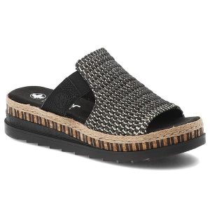 Czarne Klapki Rieker Eleganckie Obuwie Damskie. Czarne klapki Rieker, bez wzorów, ze splotem, bez obcasa, na koturnie. Za 329,00 zł.