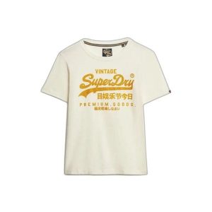 T-shirt z fantazyjnym logo dla kobiet Superdry Vintage. Białe t-shirty Superdry, bez wzorów, bez kołnierzyka, bez ramiączek. W wyprzedaży za 144,00 zł.