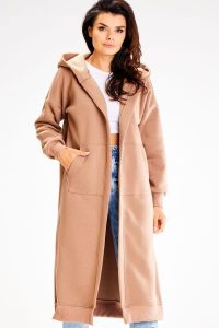 Niezapinana Długa Bluza z Kapturem - Beżowa. Brązowe bluzy Awama, l, bez wzorów, z bawełny, z kapturem. Za 228,90 zł.