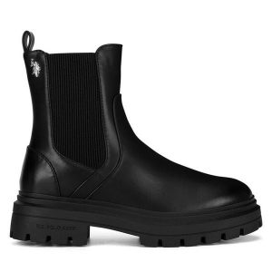 Sztyblety U.S. Polo Assn. Czarne botki U.S. Polo Assn., bez wzorów, bez obcasa, na płaskiej podeszwie, bez zapięcia. Za 279,99 zł.