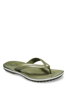 Crocs Japonki "Crocband" w kolorze biało-oliwkowym rozmiar: 46/47. Brązowe klapki Crocs, bez wzorów, z otwartym noskiem, bez obcasa. Za 97,95 zł.