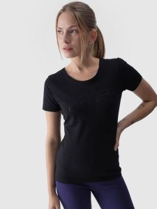4F T-shirt slim z nadrukiem damski - czarny S. Czarne t-shirty 4f, s, bez wzorów, z bawełny, bez kołnierzyka, bez ramiączek. Za 49,99 zł.