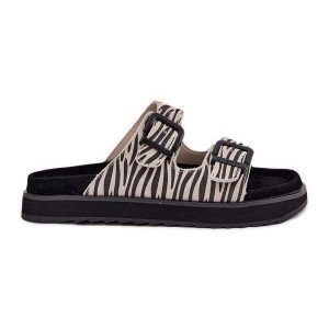 Zamszowe Klapki Damskie Z Klamrami D.Franklin DFSH405002 Zebra beżowy. Brązowe klapki bez wzorów, z zamszu, bez obcasa. Za 347,47 zł.