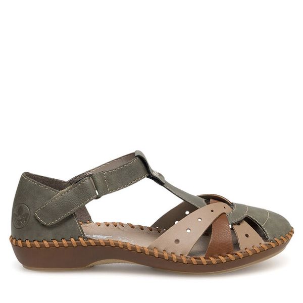 Sandały Rieker. Zielone sandały Rieker, bez wzorów, bez obcasa, na płaskiej podeszwie, bez zapięcia. Za 259,99 zł.