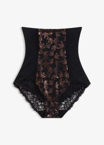 Silnie modelujące stringi z wysokim stanem i połyskiem. Czarne stringi bonprix, bez wzorów. Za 84,99 zł.