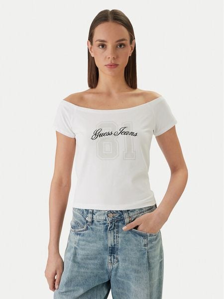 Guess Jeans T-Shirt W6GI07 J1314 Biały Regular Fit. Białe t-shirty Guess Jeans, s, z aplikacjami, z bawełny, bez kołnierzyka, bez ramiączek. Za 139,99 zł.