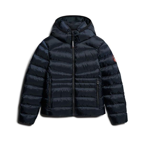 Damska ocieplana kurtka puchowa Superdry Fuji Quilt. Niebieskie kurtki Superdry, bez wzorów, z puchu, bez kaptura. W wyprzedaży za 380,00 zł.