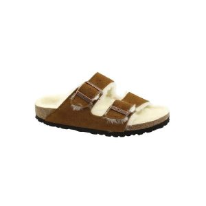 Klapki Birkenstock Arizona VL Shearling Mink wąskie narrow (1001135). Brązowe klapki Birkenstock, bez wzorów, z materiału, bez obcasa. Za 489,00 zł.
