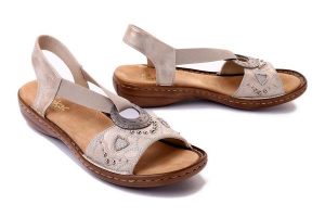 RIEKER 608B9-60 beige, sandały damskie. Brązowe sandały Rieker, bez wzorów, z gumy, bez obcasa, na koturnie, bez zapięcia. Za 289,90 zł.