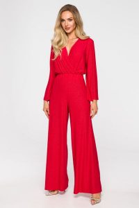 Elegancki Kombinezon z Brokatem - Czerwony. Czerwone kombinezony MOE, l, bez wzorów, z elastanu, eleganckie, bez kołnierzyka, bez ramiączek. Za 306,94 zł.