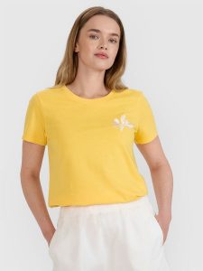 4F T-shirt regular z nadrukiem damski - żółty XL. Żółte t-shirty 4f, xl, z aplikacjami, z bawełny, bez kołnierzyka, bez ramiączek. W wyprzedaży za 39,99 zł.