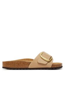 Birkenstock Klapki Madrid Big Buckle 1024009 Beżowy. Brązowe klapki Birkenstock, bez wzorów, z nubiku, bez obcasa. Za 485,99 zł.