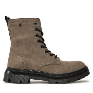 Trapery Wrangler. Szare buty zimowe Wrangler, bez obcasa, bez zapięcia. Za 349,99 zł.