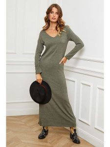 So Cachemire Sukienka dzianinowa "Abalone" w kolorze oliwkowym rozmiar: S. Brązowe sukienki So Cachemire, na co dzień, s, bez wzorów, z dzianiny, bez kołnierzyka, bez ramiączek, maxi, proste. Za 122,96 zł.