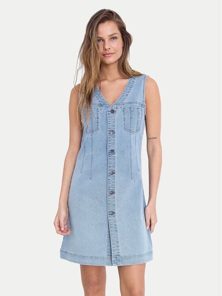 Noisy May Sukienka jeansowa Rikka 27033695 Niebieski Slim Fit. Niebieskie kombinezony Noisy may, s, bez wzorów, z bawełny, bez kołnierzyka, bez ramiączek. Za 79,99 zł.