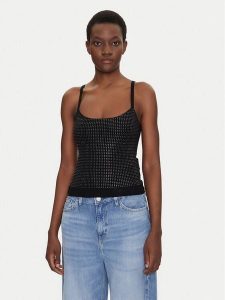 Guess Top W5GR47 Z3MN2 Czarny Regular Fit. Czarne topy Guess, xs, z aplikacjami, z syntetyku, bez kołnierzyka, bez ramiączek. Za 199,99 zł.