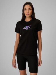 4F T-shirt regular z nadrukiem damski - czarny XL. Czarne t-shirty 4f, xl, bez wzorów, z bawełny, bez kołnierzyka, bez ramiączek. Za 59,99 zł.