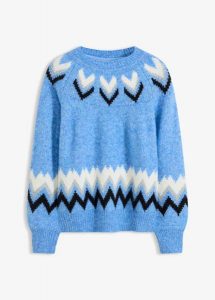 Sweter w norweski wzór, z zygzakowatymi paskami. Niebieskie swetry klasyczne bonprix, bez kołnierzyka. Za 139,99 zł.