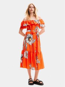 Desigual Sukienka letnia Georgeo 24SWVW02 Pomarańczowy Regular Fit. Brązowe kombinezony Desigual, na lato, s, bez wzorów, z bawełny, bez kołnierzyka, bez ramiączek. Za 389,99 zł.