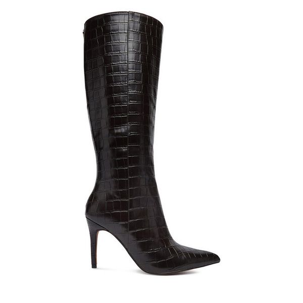 Kozaki Nine West. Brązowe kozaki Nine West, bez wzorów, bez obcasa, na szpilce, bez zapięcia. Za 329,99 zł.