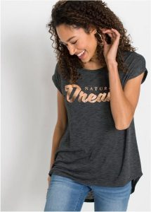 Długi T-shirt z mieszanki wiskozy. Brązowe t-shirty bonprix, bez wzorów, z wiskozy, bez kołnierzyka, bez ramiączek. Za 77,99 zł.