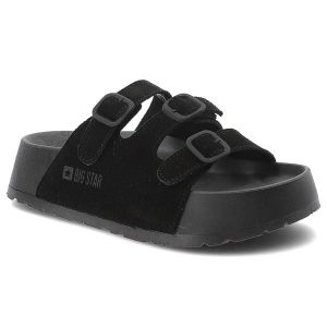 Klapki damskie Big Star, cholewka z materiału tekstylnego z dwoma regulowanymi paskami i sprzączkami, czarne, TT274531. Czarne klapki Big Star, bez wzorów, bez obcasa. Za 197,90 zł.