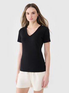 4F T-shirt slim gładki damski - czarny M. Czarne t-shirty 4f, m, bez wzorów, z bawełny, bez kołnierzyka, bez ramiączek. W wyprzedaży za 39,99 zł.