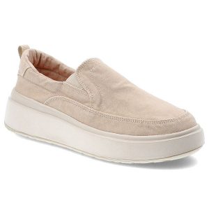 Półbuty damskie Jeep, wsuwane na platformie z gumką z okrągłym noskiem, piaskowe, JL51501A-025. Brązowe półbuty Jeep, bez wzorów, z okrągłym noskiem, bez obcasa, na platformie, bez zapięcia. Za 246,99 zł.