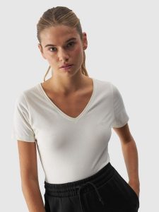 4F T-shirt slim gładki damski - biały XL. Białe t-shirty 4f, xl, bez wzorów, z bawełny, bez kołnierzyka, bez ramiączek. Za 29,99 zł.