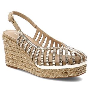 Sandały damskie Alma En Pena, cholewka z materiału o ażurowym wykończeniu ozdobionym błyszczącymi kryształkami zapięcie na pasek wokół pięty wysoka k. Brązowe sandały Alma en Pena, w ażurowe wzory, bez obcasa, na koturnie, bez zapięcia. Za 557,90 zł.