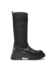 TWINSET Kozaki Stivale 242GCJ S Czarny. Czarne kozaki Twinset, bez wzorów, ze skóry, bez obcasa, na płaskiej podeszwie, bez zapięcia. Za 669,99 zł.