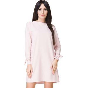 Jasnobeżowa Sukienka Wizytowa z Wiązaniami. Brązowe sukienki SALE, s, bez wzorów, z elastanu, wizytowe, bez kołnierzyka, bez ramiączek. Za 159,00 zł.