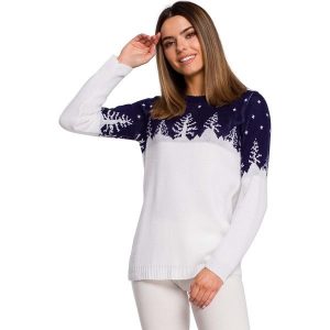 Sweter z Motywem Choinek -- Granatowy. Niebieskie swetry klasyczne MOE, uniwersalny, z materiału, bez kołnierzyka. Za 211,90 zł.