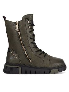 Mustang Trzewiki 1502-502 Khaki. Brązowe botki Mustang, bez wzorów, z materiału, bez obcasa, na płaskiej podeszwie, bez zapięcia. Za 399,99 zł.