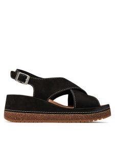 Clarks Sandały Kassanda Step 26177299 Czarny. Czarne sandały Clarks, bez wzorów, z nubiku, bez obcasa, na koturnie, bez zapięcia. Za 329,99 zł.