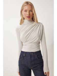 Happiness Istanbul Bluzka w kolorze kremowym rozmiar: 40. Brązowe bluzki Happiness Istanbul, bez wzorów, bez kołnierzyka, bez ramiączek. Za 66,00 zł.