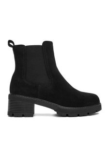 DeeZee Botki V2222-1 Czarny. Czarne botki DeeZee, bez wzorów, z materiału, bez obcasa, na słupku, bez zapięcia. Za 189,99 zł.